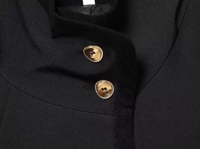 Women Fashion Solid Turtleneck Versatile Gold Buckle Short Blazer Coat Female Elegant High Street Casual Long Sleeve Jacket