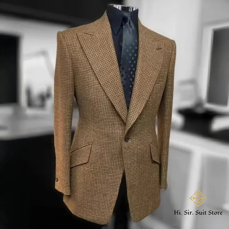 Houndstooth Blazer Men Slim Fit Plaid Suit Jacket Tuxedo One Button Peak Lapel Business Casual Wedding Prom Sport Coats Hot Sale
