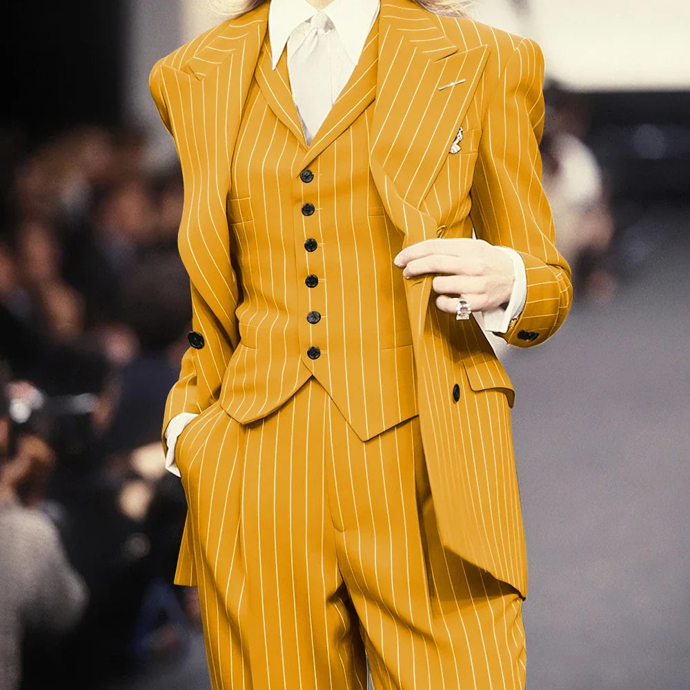 Trending 2025 Brown Striped Women Suit Formal Double-breasted Peaked Lapel 3Pieces (Jacket+Pants+Vest) Business Office Lady Set