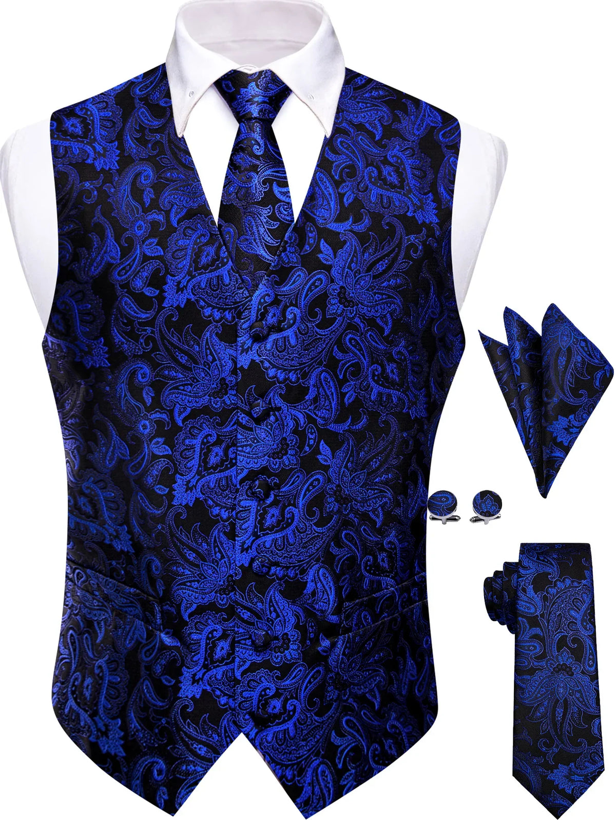 Men's Paisley Suit Vest Tie Set – Royal Blue, Red, Brown & Orange | Wedding & Business Waistcoat