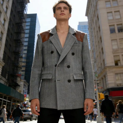 Men's Vintage Herringbone Blazer Contrast Shoulder Patches Double Breasted Wool Blend Suit Jacket Slim Fit Casual Business Coat