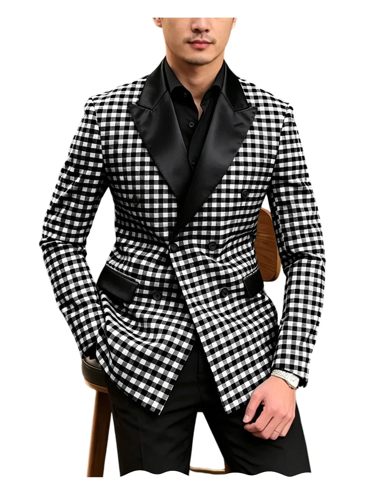 Men's Checkered Double Breasted Blazer Tailored Slim Fit Formal Jacket For Wedding Groom Cocktail Event Prom Dinner Party Coat
