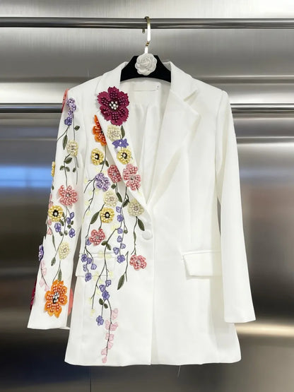Elegant Women New Autumn Embroidery Floral Blazer Jacket Loose Fit Single Button Work Suit Coat Outwear Fashion Office Ladies