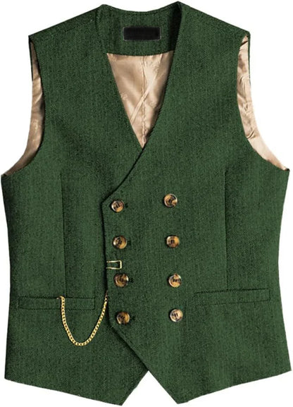 Men's Waistcoat Herringbone Double Breasted Vest for Wedding Banquet