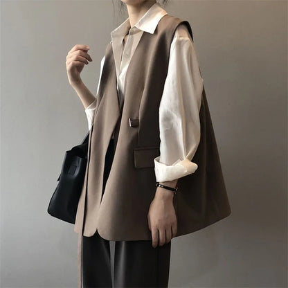 Women V-Neck Suit Coats Casual Sleeveless Blazer Korean Style Oversize Work Vests 2025 Spring Elegant Solid OL Blazer
