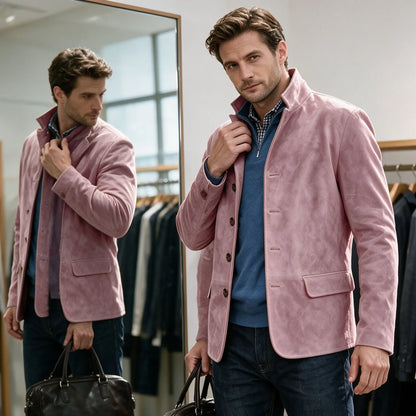 Men's Suede Blazer Single Breasted Slim Fit Classic Stand Collar Suit Jacket for Weddings & Daily Wear