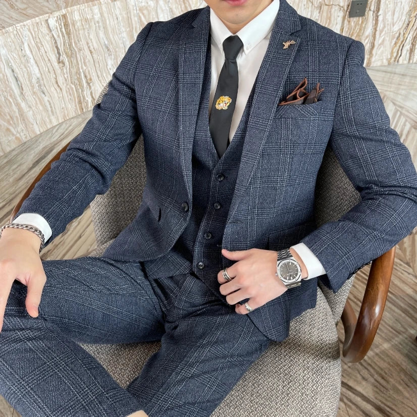 British Korean Style High Quality Modified Plaid Three-Piece Suit for Men - Stylish Business Casual Suit Vest And Trousers Set