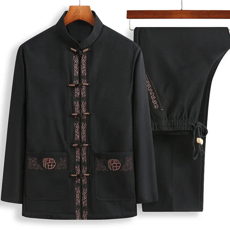 Tang Suit (Top + Pants) Spring and Autumn Elderly People Door Flaperon Embroidery Father Men's Hanfu Chinese Style Suit