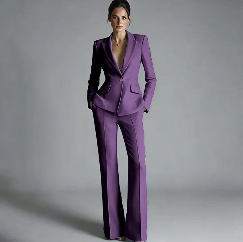 Elegant Women's One-Button Jacket+Pants Suit Set Classic Pink Peaked Lapel 2 Piece Formal Business Wedding Guest Outfit
