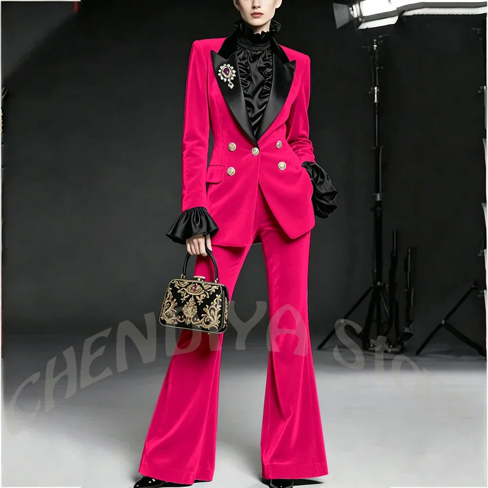 Wine Red Women Suit Stylish Velvet Elegant Outfit Peaked Lapel Blazer Pants Evening Party Prom Female Clothing Two Pieces