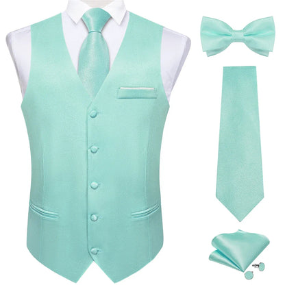 Men's Satin Suit Vest Set with Necktie Bow Tie Handkerchief and Cufflinks for Wedding and Formal Occasions