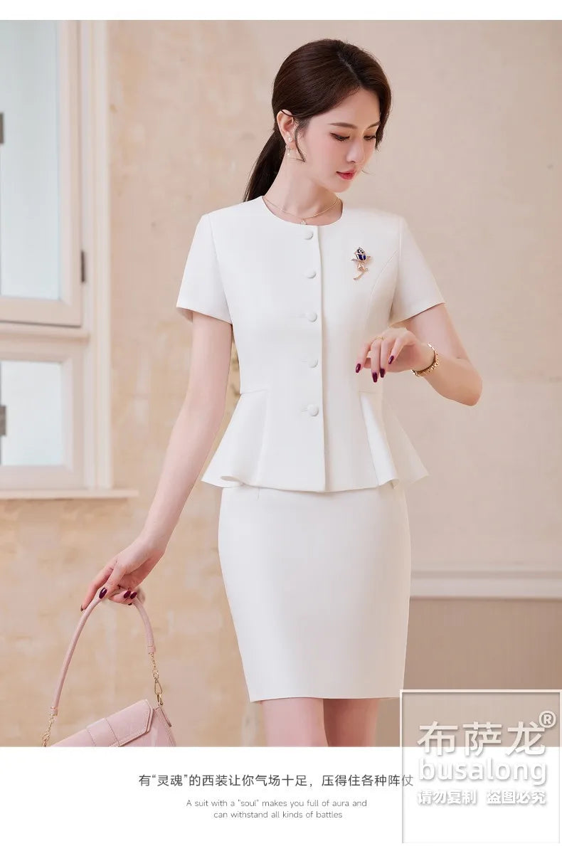 2025Summer Blue Short Sleeve Blazer Suit Professional Women's Skirt Set Short Skirt Elegant Fashion Formal Workwear