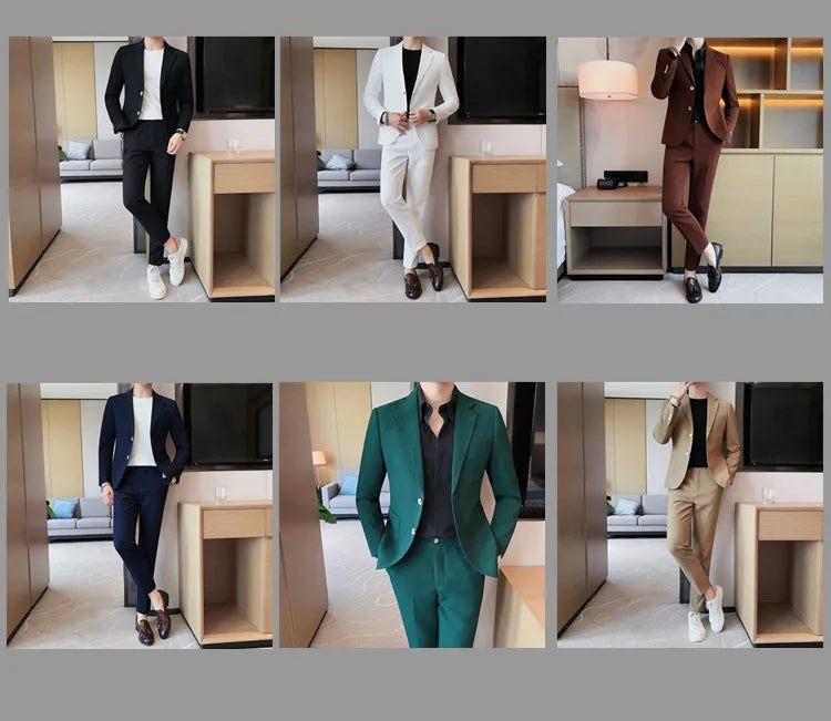 2025 New Waffle Blazers +Pant 2 Piece Set Men Fashion Business Slim Fit Solid Tuxedo Groom Wedding Prom Wear Casual Men's Sets