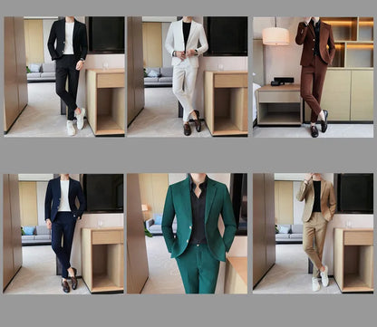 2025 New Waffle Blazers +Pant 2 Piece Set Men Fashion Business Slim Fit Solid Tuxedo Groom Wedding Prom Wear Casual Men's Sets