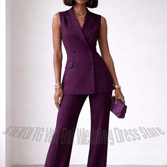 Dark Purple Sleeveless Women 2 Piece Suit Vest Pants Double Breasted Evening Gala Formal Office Business Casual Female Outfit