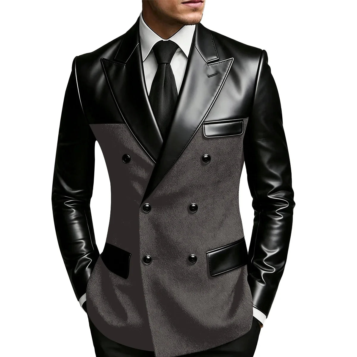 Men's Double Breasted Suit Blazer with Leather Patchwork for Weddings and Formal Events
