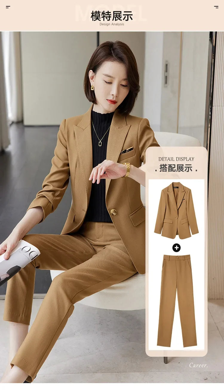 Ladies Blazer And Pant Suit Formal Army Green Khaki Gray Black Solid Women Jacket Trouser Female Business Work Wear 2 Piece Set