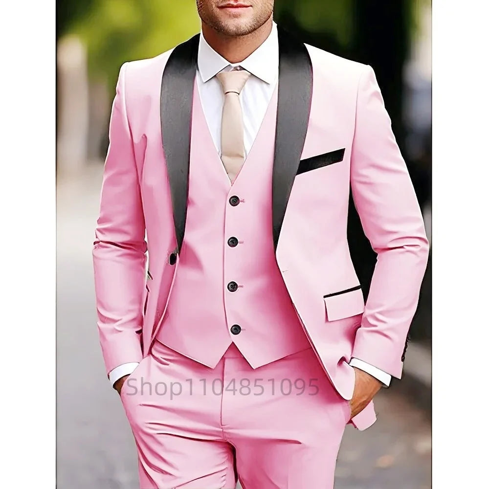 Classic Fitted Men's 3-Pieces Tuxedo Smoking Suit with Unique Lapel Single Breasted Blazer Vest Pant Set