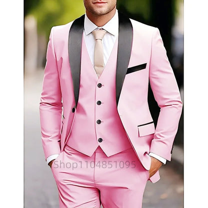 Classic Fitted Men's 3-Pieces Tuxedo Smoking Suit with Unique Lapel Single Breasted Blazer Vest Pant Set