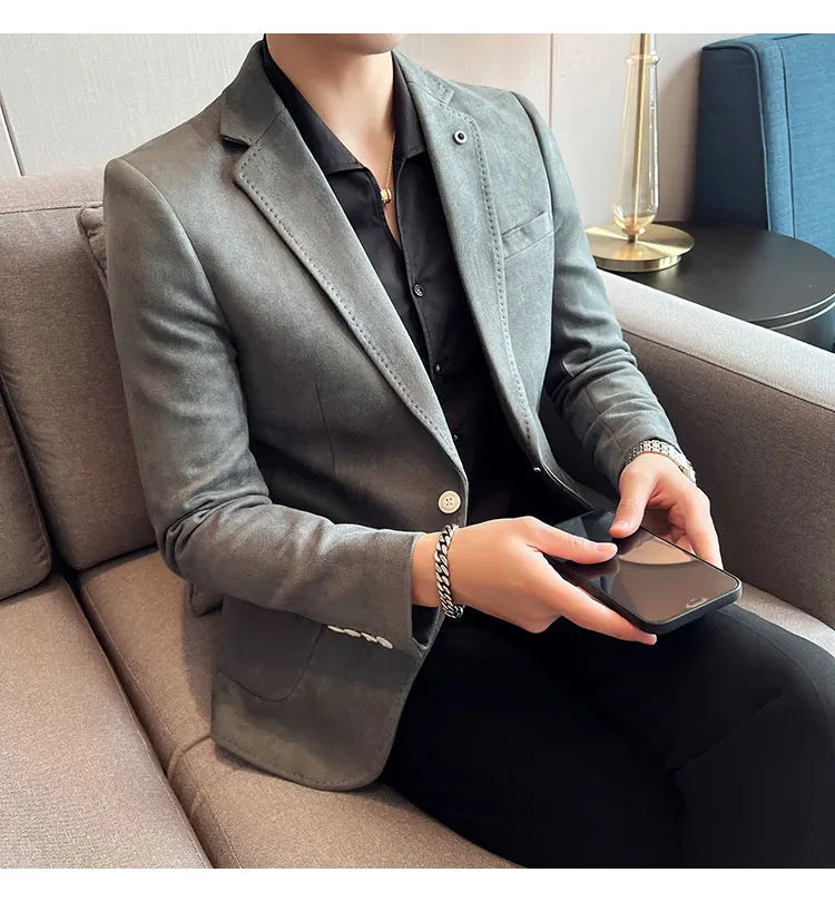 British Style Autumn Suede Business Casual Suit Jacket for Men High Quality Social Office Blazers Wedding Groom Dress Coats
