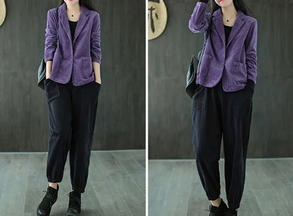 Female Coats and Jackets Retro Women's Corduroy Blazers 2025 New Arrivals Korean Popular Clothes Outerwear On Promotion Fashion
