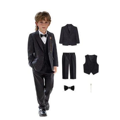 Flower Boys Wedding Suit Set Children's Piano Performance Costume Kids Blazer Vest Pants Bowtie Brooch 5Pieces Clothes Set