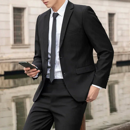 Men's Formal Business Suit – Solid Color Blazer and Trousers for Weddings and Smart Casual Occasions