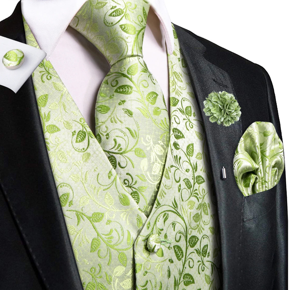 Men's Jacquard Waistcoat Suit Vest with Tie Hanky Cufflinks Brooch Set for Weddings and Business Events