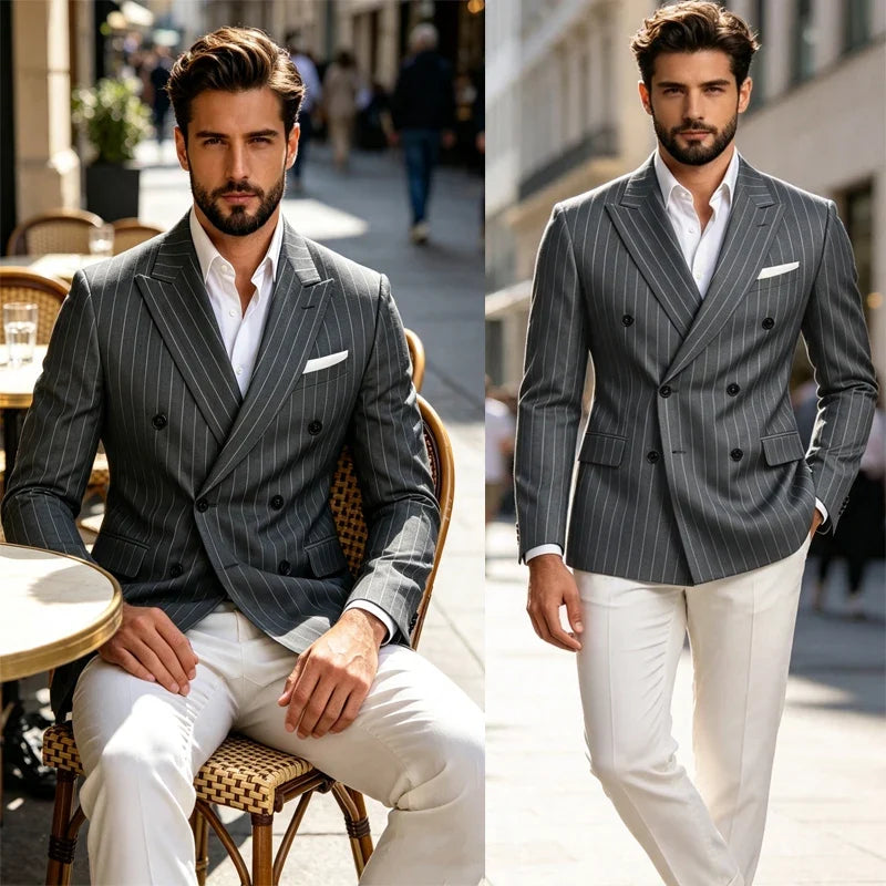 Men Striped Double Breasted Suit Jacket Notch Lapel Business Slim Fit Formal Blazer Elegant Lightweight Dress Coat For Prom Work