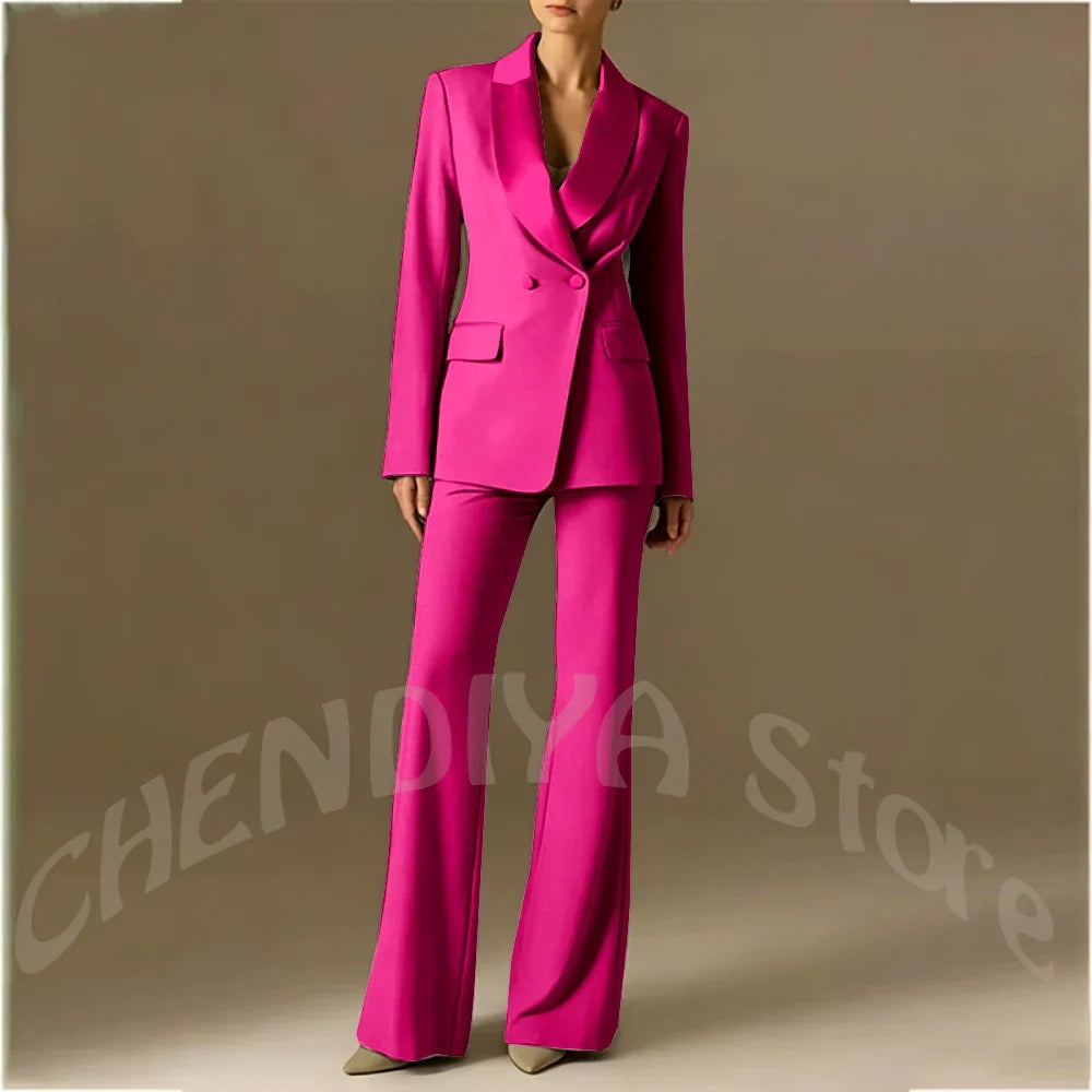 Classic Shawl Lapel Suit For Women Elegant Double Breasted Outfit Solid Color Two Piece Straight Modern Style Office Wear
