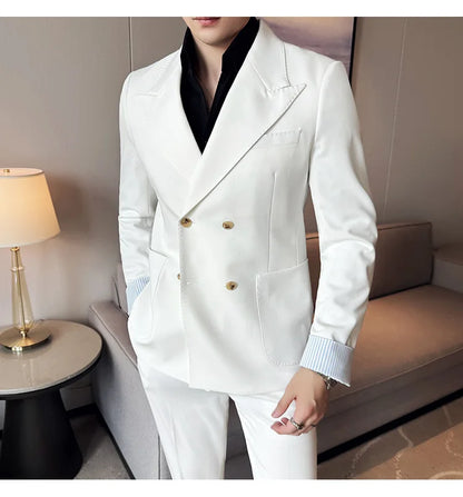 Korean Style Double Breasted Suit Jacket for Men Fashion Casual Business Suit Jackets Office Social Banquet Blazer Masculino
