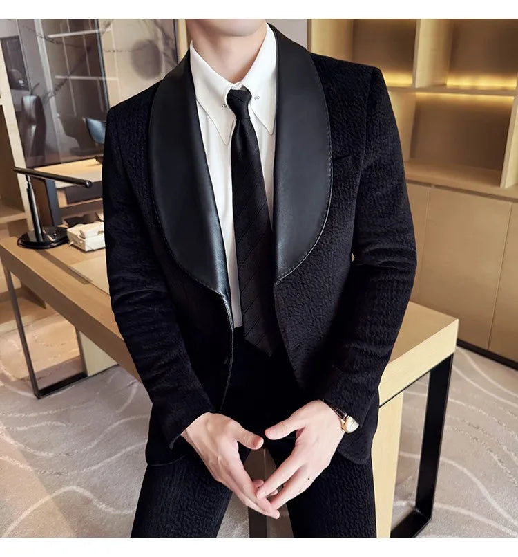 British Style PU Patchwork Suit for Men Casual Business Wedding Suits 2 Pieces Set (jacket+pant) Office Work Party Prom Suit