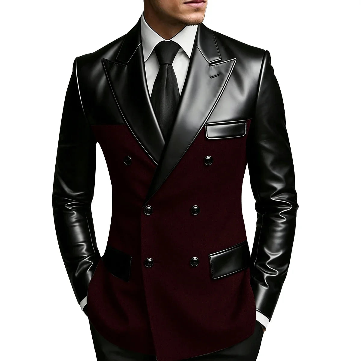 Men's Double Breasted Suit Blazer with Leather Patchwork for Weddings and Formal Events