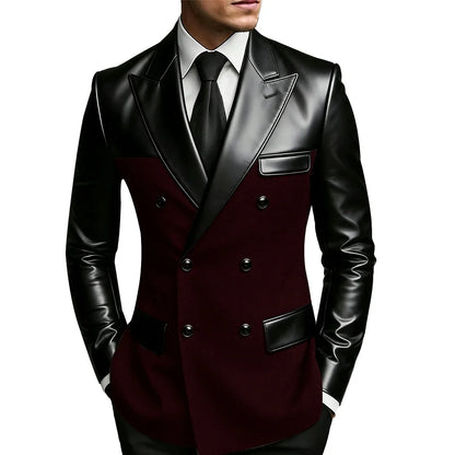Men's Double Breasted Suit Blazer with Leather Patchwork for Weddings and Formal Events