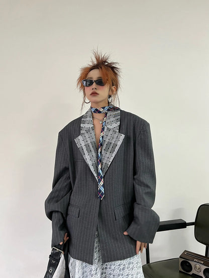 Women's Dark Grey Striped Blazer Jacket Y2k 2000s Vintage Suit Coat Fashion Casual Long Sleeve V-Neck Oversize Outerwear Autumn