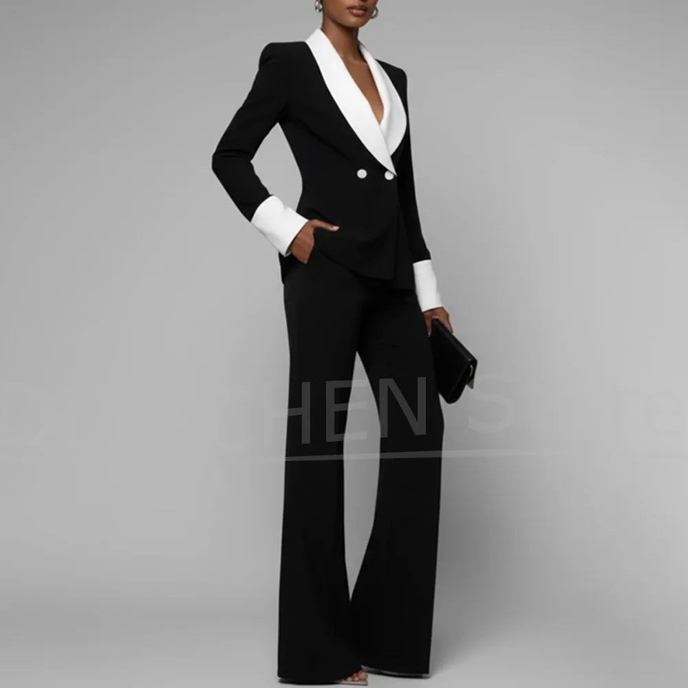 Chic Women's Suit Set Fashion Shawl Lapel Double Breasted Outfit Elegant Prom Party Wedding Formal Pants Sets Two Piece