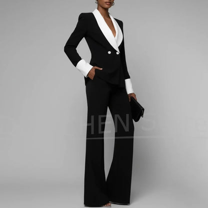 Chic Women's Suit Set Fashion Shawl Lapel Double Breasted Outfit Elegant Prom Party Wedding Formal Pants Sets Two Piece