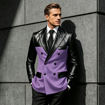 Men's Double Breasted Suit Blazer with Leather Patchwork for Weddings and Formal Events