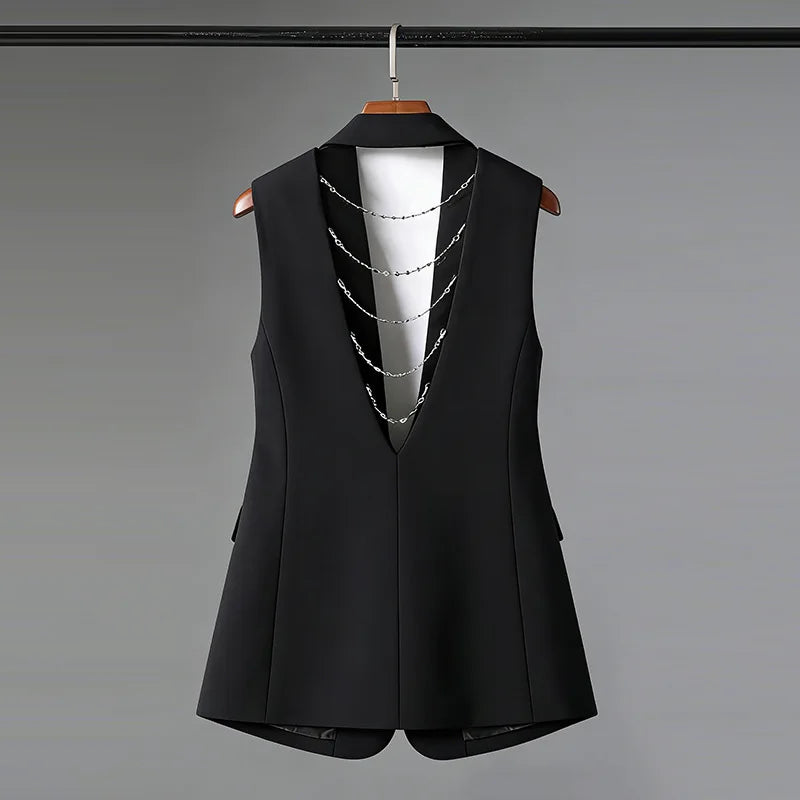 Elegant Slim-Fit Black Sleeveless Blazer Vest Women Backless Bow Tie Chain Decor Formal Office Waistcoat 2026 New