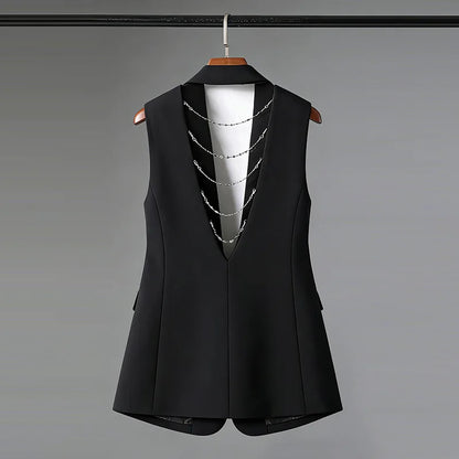 Elegant Slim-Fit Black Sleeveless Blazer Vest Women Backless Bow Tie Chain Decor Formal Office Waistcoat 2026 New
