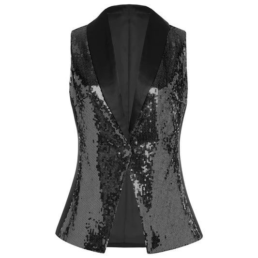 Suit Vest Womens Sleeveless Jacket Sparkly Sequin Waistcoat Stylish V-neck Sequin Waistcoats Banquet Jazz Dance Pageant Costume