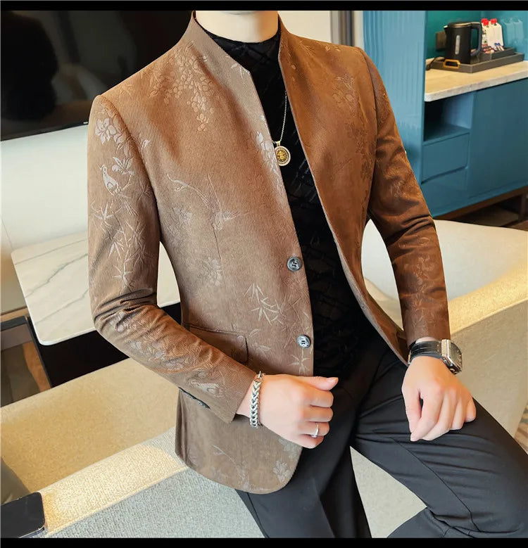 2025 Spring Trendy Jacquard Suit Jacket Men Stand Up Collar Casual Blazers Slim Wedding Business Streetwear Social Dress Coats