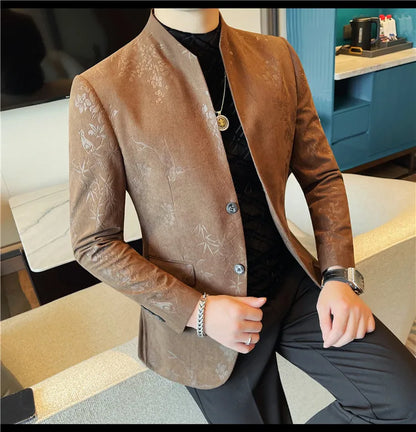 2025 Spring Trendy Jacquard Suit Jacket Men Stand Up Collar Casual Blazers Slim Wedding Business Streetwear Social Dress Coats