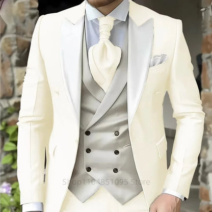 Costumes roses pour hommes Élégant smoking de marié à revers pointu Veste 3 pièces Gilet et pantalon Ensemble de costume formel pour hommes pour affaires et bal de promo