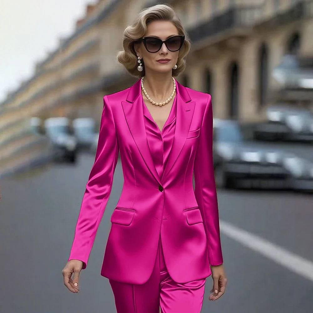 Women's Gold Satin Blazer Suit Set Stylish Single-Breasted Jacket+Pants Luxe Shiny Two-piece for Cocktail Party Wedding Guest