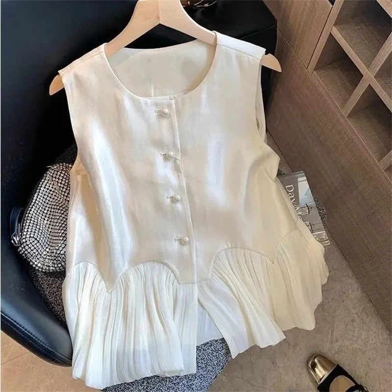 Spring Lady Lotus Leaf Edge Sleeveless T-shirt Summer Women Fashion Patchwork Waistcoat French Femme Round Neck Pearl Satin Vest