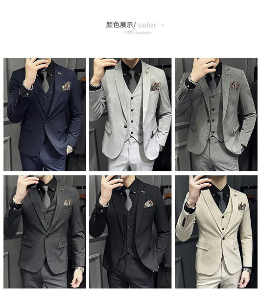 Men's 3 Piece Suit Set Single‑Button Slim Fit Solid Color Business Casual Wedding Party Jacket Vest Pants Formal Outfit for Men