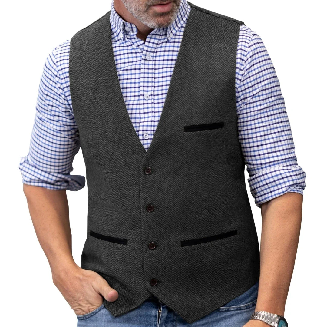 Men's Herringbone Tweed Vest Single Button V-Neck Waistcoat for Weddings and Formal Occasions