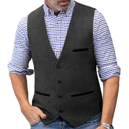 Men's Herringbone Tweed Vest Single Button V-Neck Waistcoat for Weddings and Formal Occasions