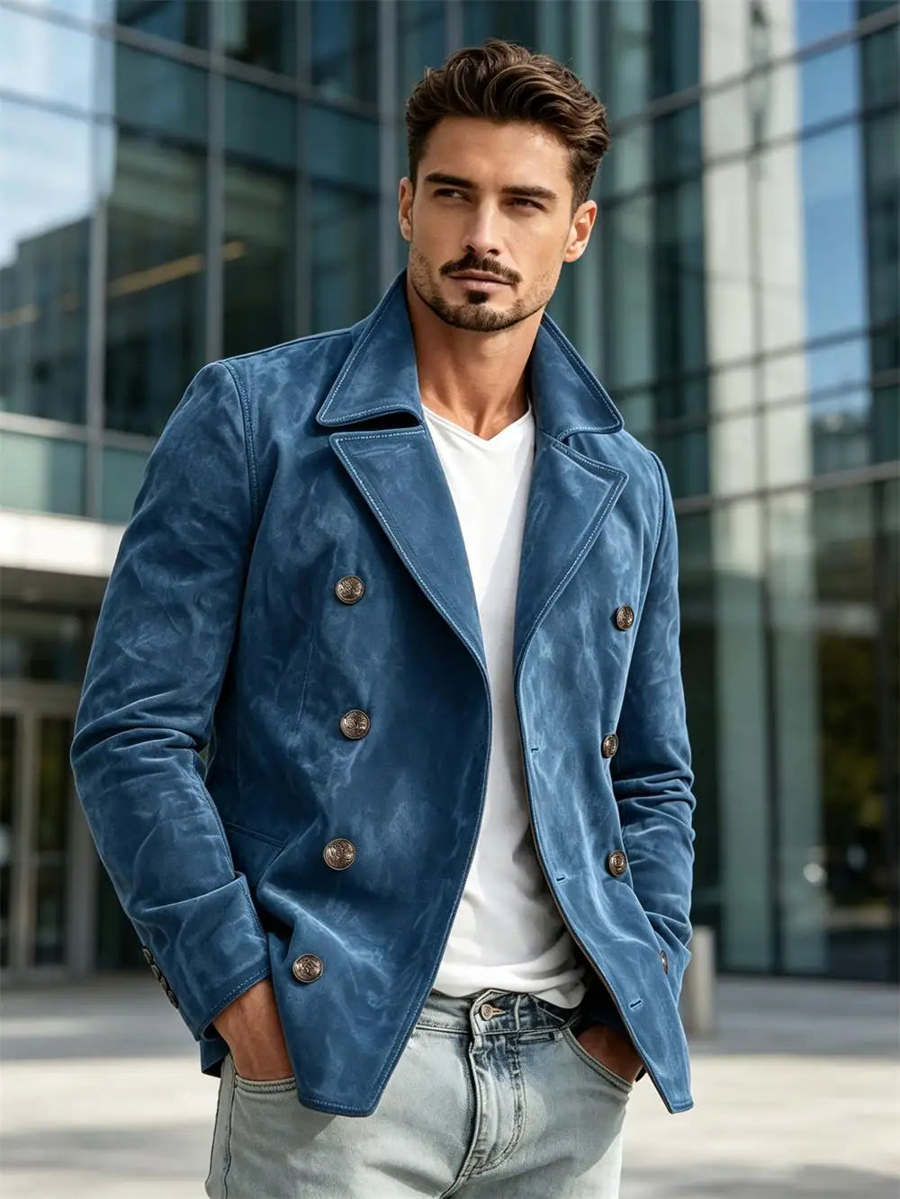 Men Faux Suede Jacket Double Breasted Lapel Collar Casual Blazer Vintage Comfort Business Office Autumn Winter Fashion Male Coat